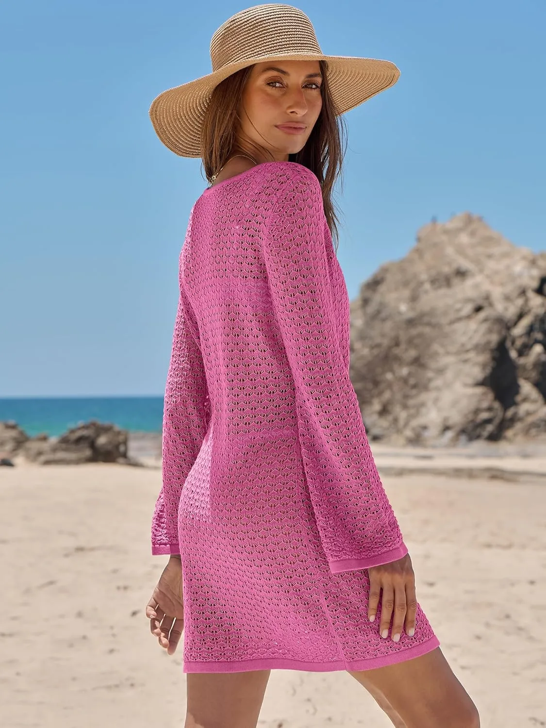 ANRABESS Beach Cover Ups for Women Crochet Swimsuit Bathing Suit Swimwear Bikini Mesh Knit Dress 2025 Summer Vacation Outfits