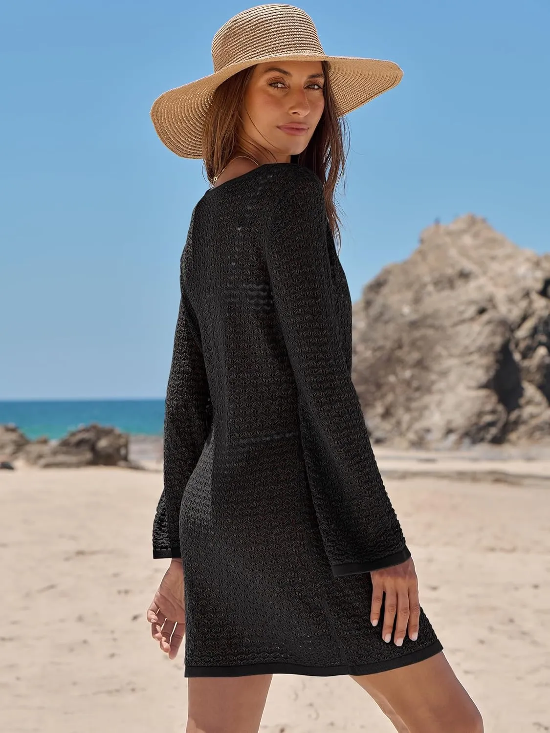 ANRABESS Beach Cover Ups for Women Crochet Swimsuit Bathing Suit Swimwear Bikini Mesh Knit Dress 2025 Summer Vacation Outfits