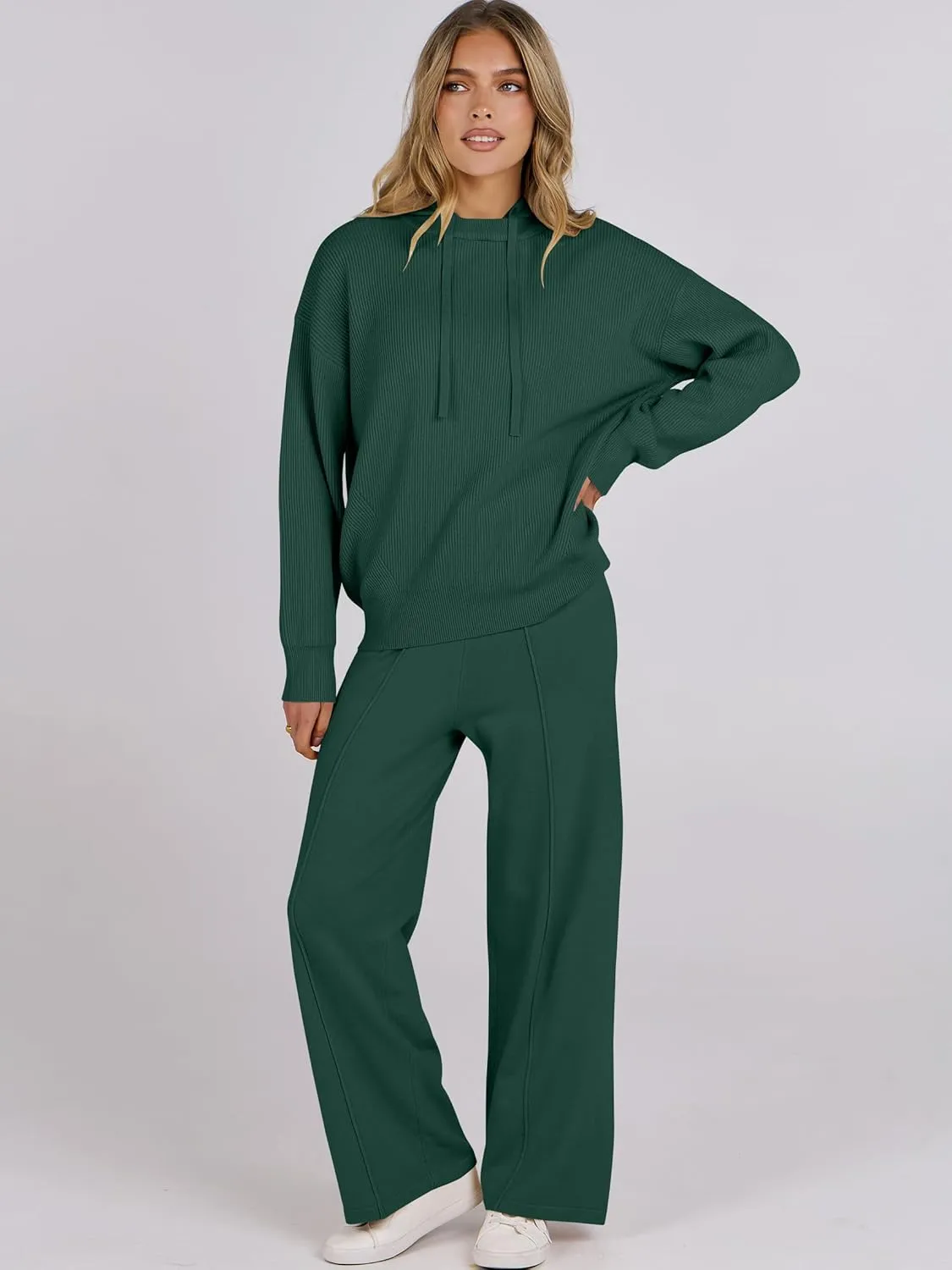 ANRABESS Women 2 Piece Outfits Sweater Sets Loose Long Sleeve Hoodies Knit Pullover Wide Leg Pants 2025 Fall Lounge Sweatsuit