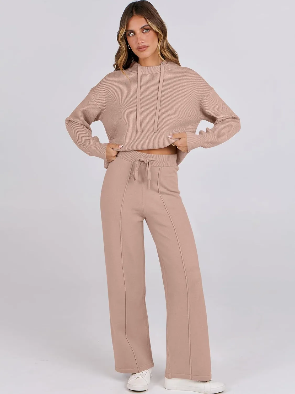 ANRABESS Women 2 Piece Outfits Sweater Sets Loose Long Sleeve Hoodies Knit Pullover Wide Leg Pants 2025 Fall Lounge Sweatsuit