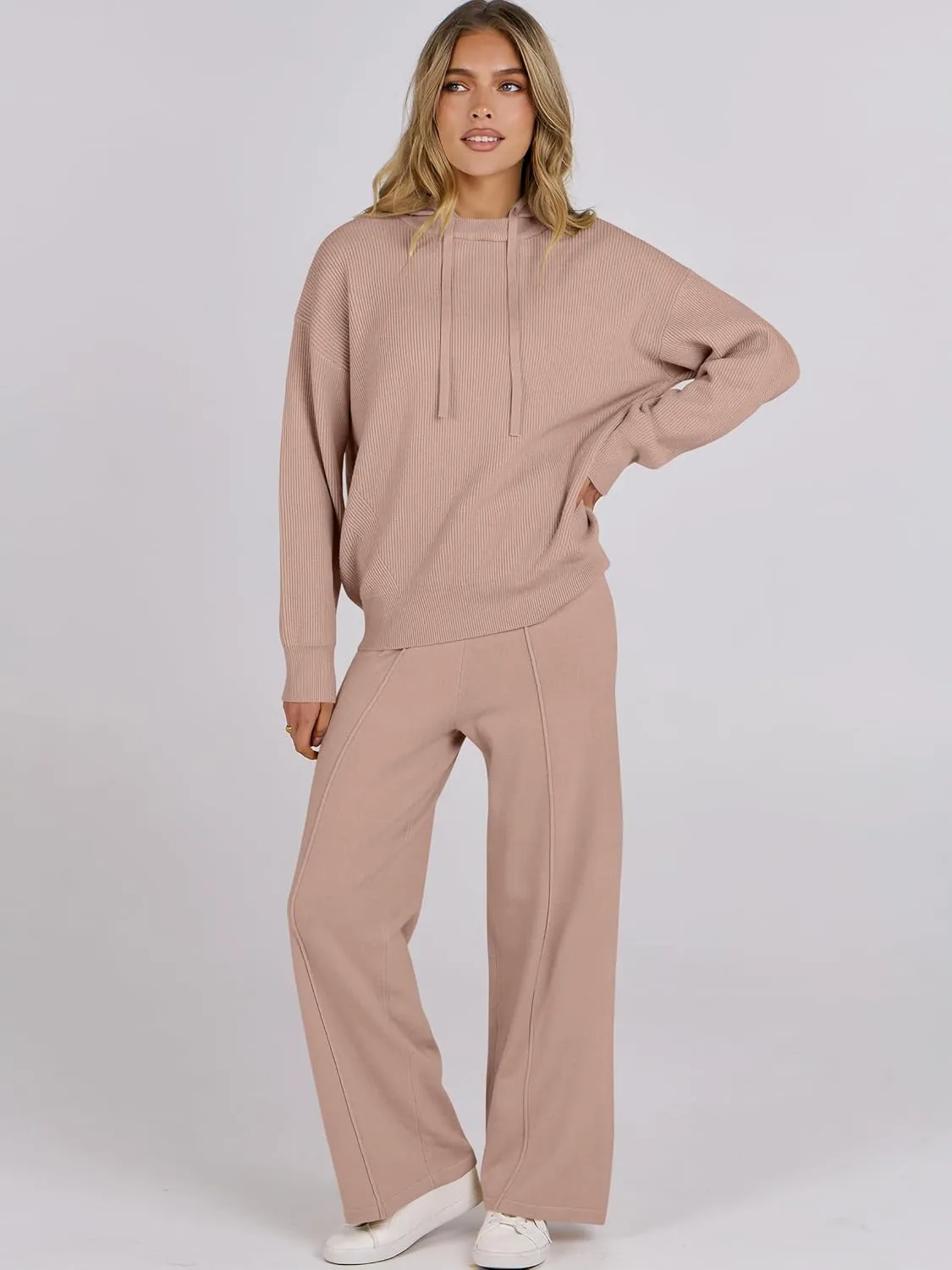 ANRABESS Women 2 Piece Outfits Sweater Sets Loose Long Sleeve Hoodies Knit Pullover Wide Leg Pants 2025 Fall Lounge Sweatsuit