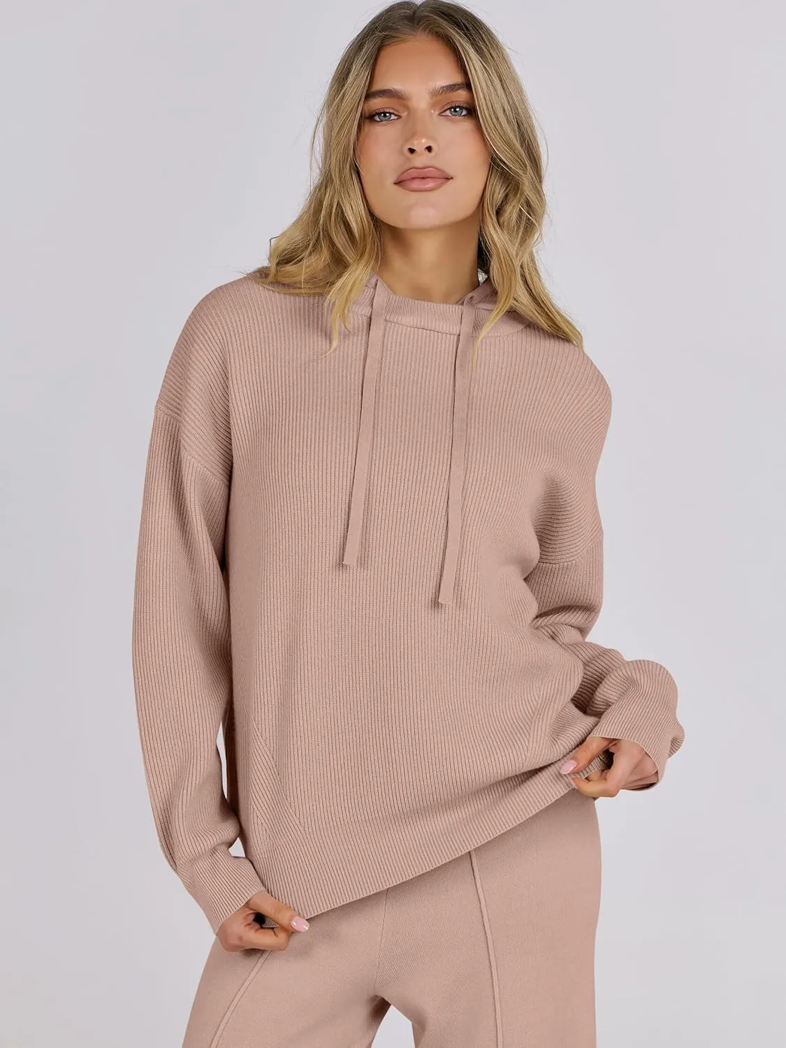 ANRABESS Women 2 Piece Outfits Sweater Sets Loose Long Sleeve Hoodies Knit Pullover Wide Leg Pants 2025 Fall Lounge Sweatsuit