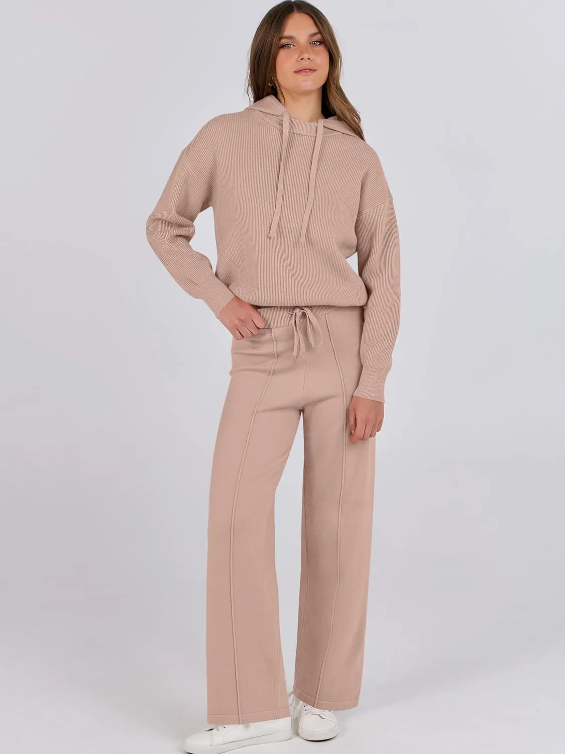 ANRABESS Women 2 Piece Outfits Sweater Sets Loose Long Sleeve Hoodies Knit Pullover Wide Leg Pants 2025 Fall Lounge Sweatsuit