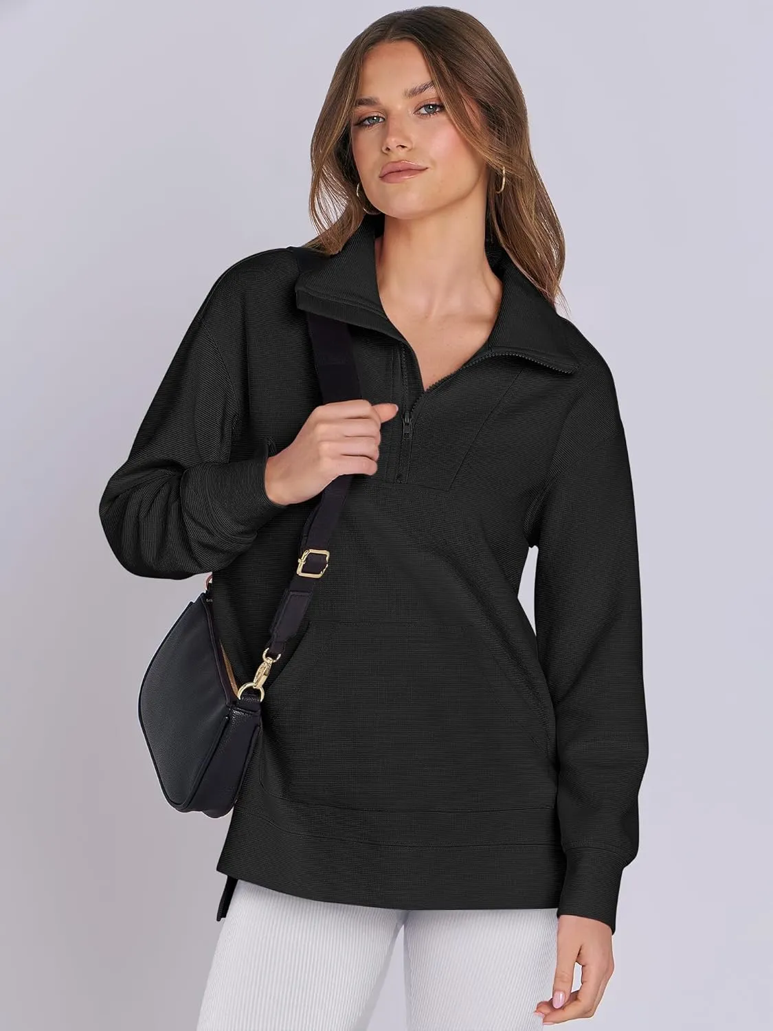ANRABESS Women Oversized High Neck Half Zip Knit Sweatshirts Quarter Zip Pullover Sweater 2025 Fall Outfits