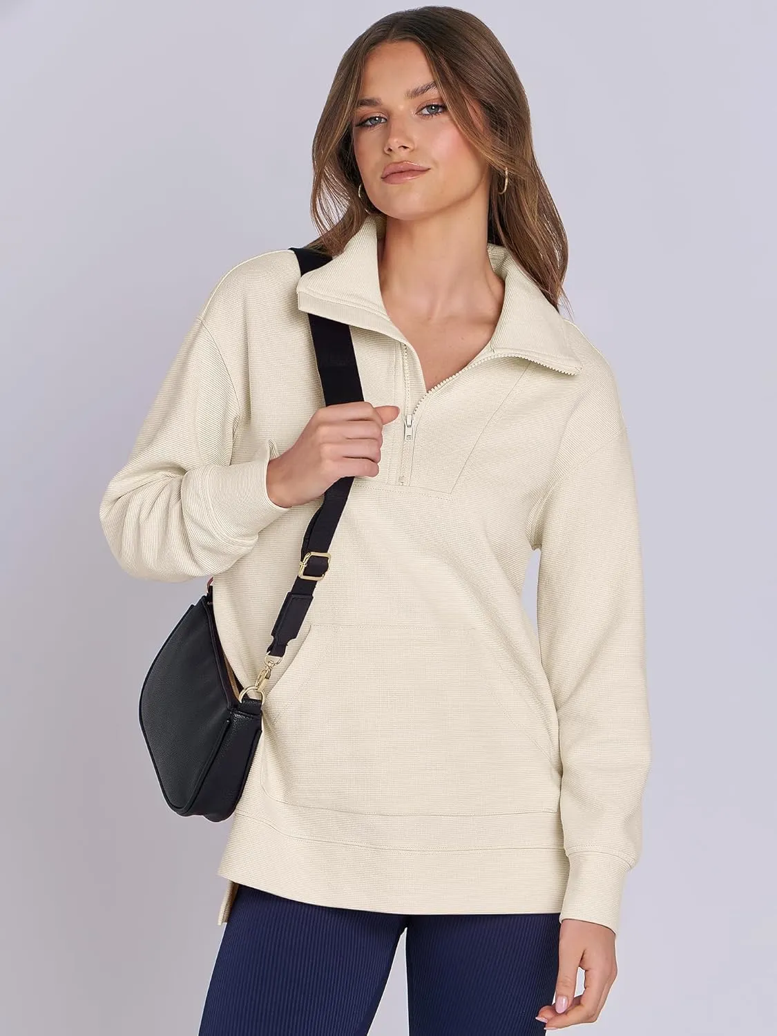 ANRABESS Women Oversized High Neck Half Zip Knit Sweatshirts Quarter Zip Pullover Sweater 2025 Fall Outfits
