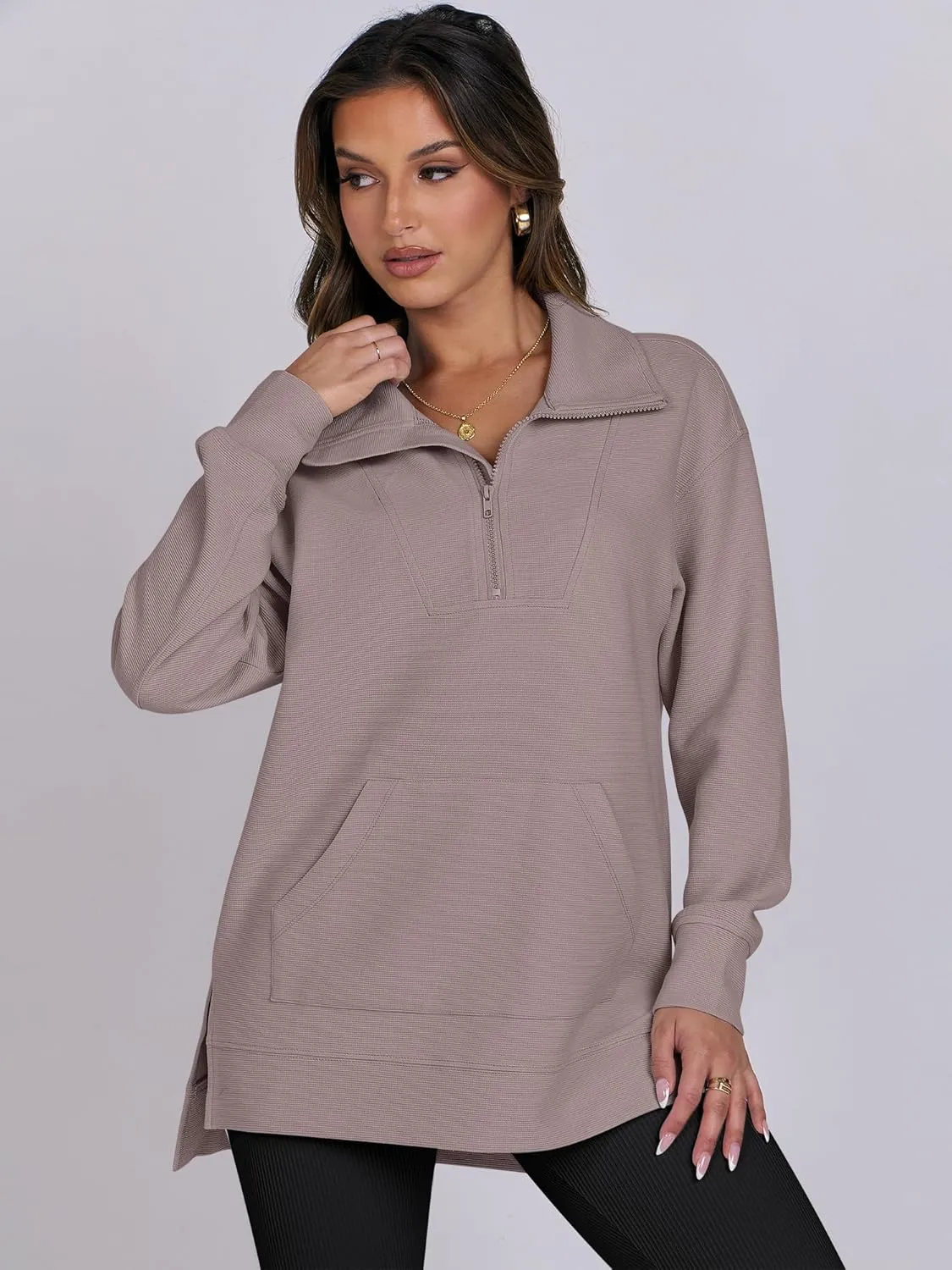 ANRABESS Women Oversized High Neck Half Zip Knit Sweatshirts Quarter Zip Pullover Sweater 2025 Fall Outfits