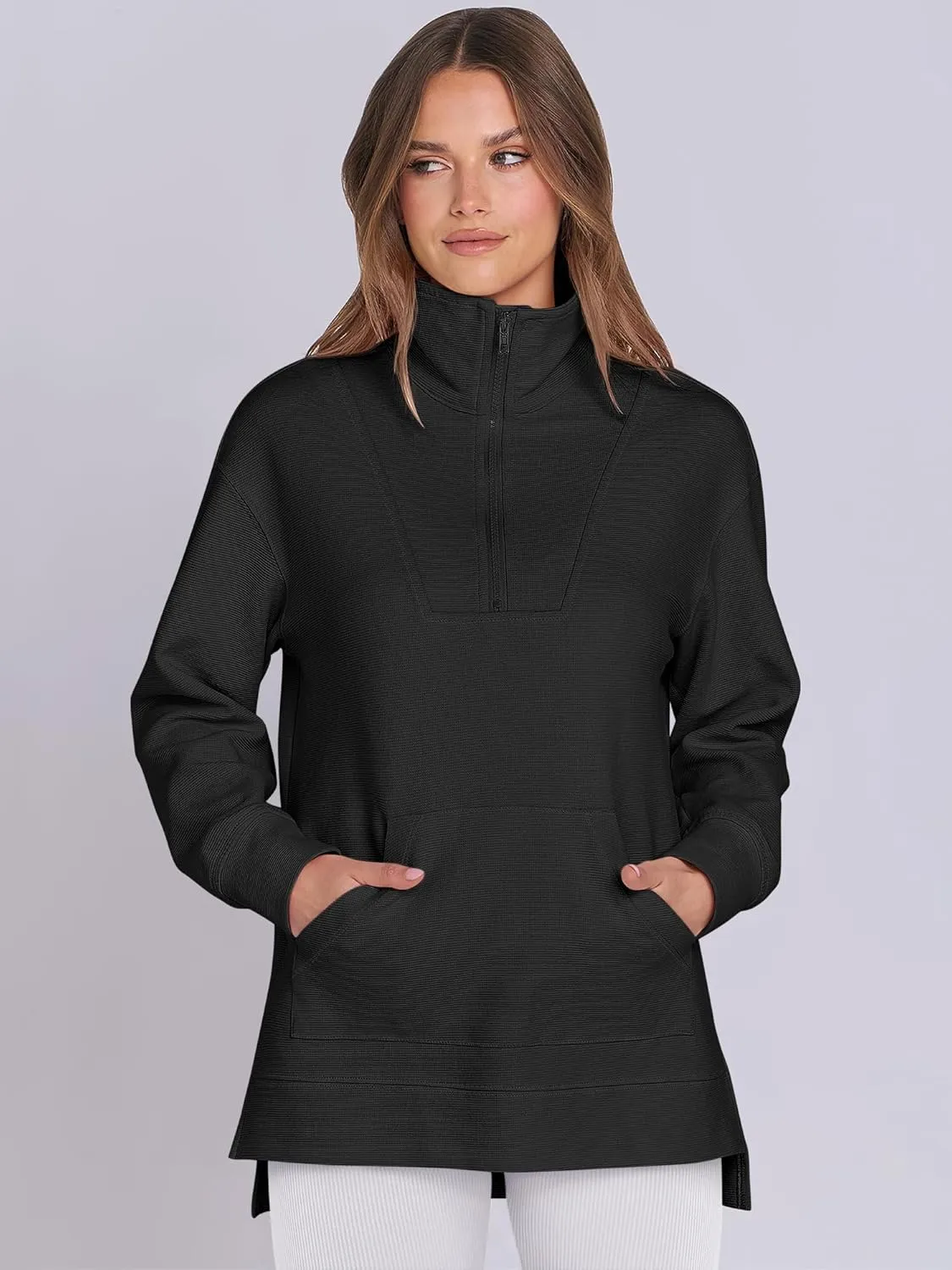 ANRABESS Women Oversized High Neck Half Zip Knit Sweatshirts Quarter Zip Pullover Sweater 2025 Fall Outfits