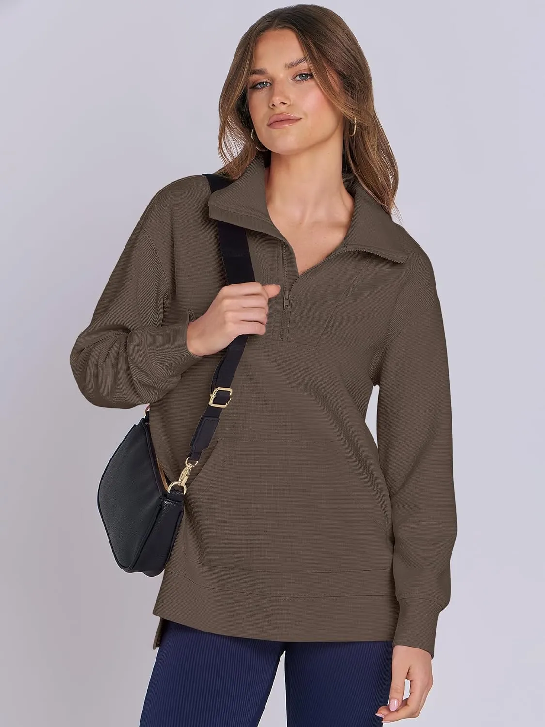 ANRABESS Women Oversized High Neck Half Zip Knit Sweatshirts Quarter Zip Pullover Sweater 2025 Fall Outfits