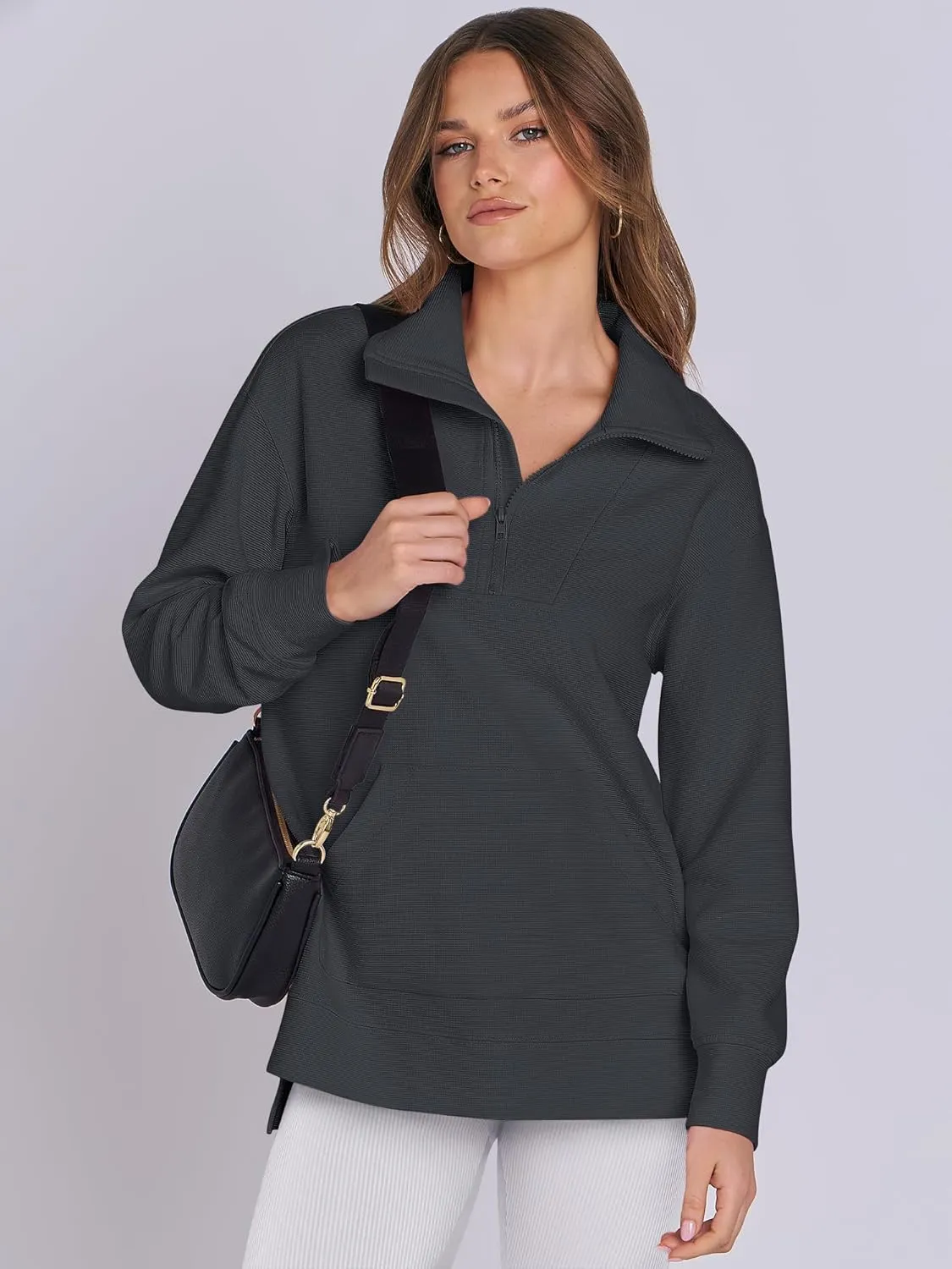 ANRABESS Women Oversized High Neck Half Zip Knit Sweatshirts Quarter Zip Pullover Sweater 2025 Fall Outfits