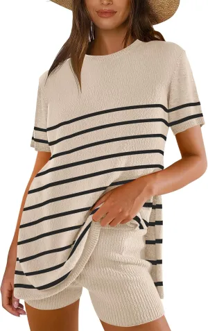 ANRABESS Women Summer 2 Piece Outfits Knit Short Sets Casual Sweater Top & Shorts Matching Lounge Set 2025 Beach Clothes