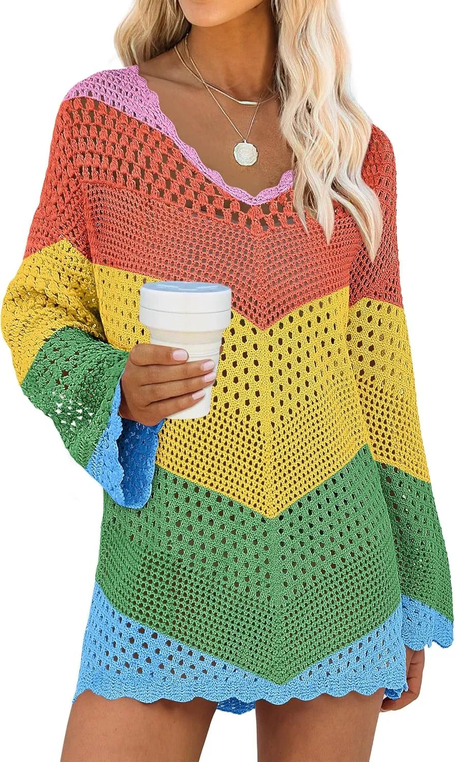 ANRABESS Women Swimsuit Crochet Swim Cover Up Summer Bathing Suit Swimwear V Neck Mesh Knit Beach Dress 2025 Vacation Outfits