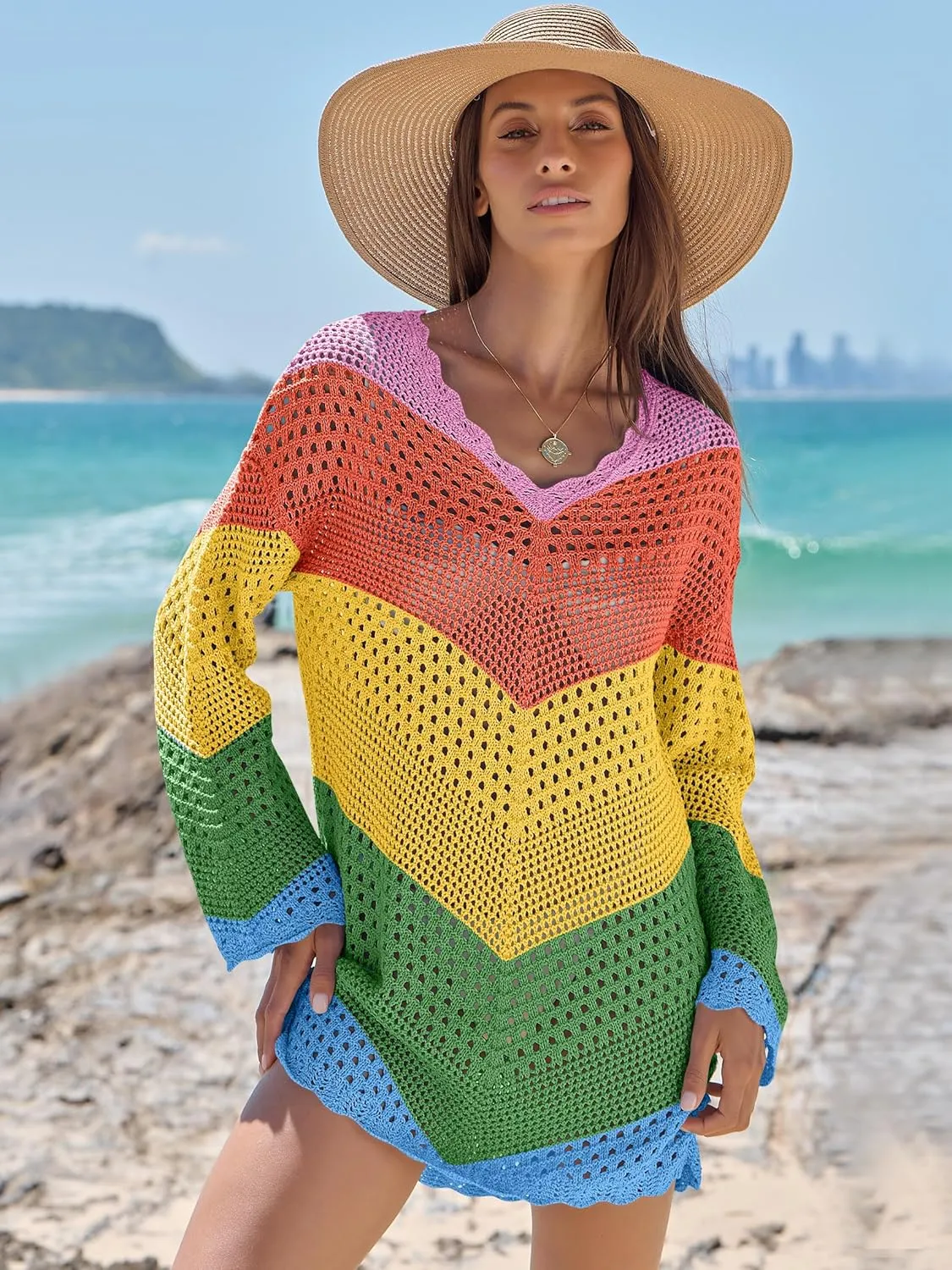 ANRABESS Women Swimsuit Crochet Swim Cover Up Summer Bathing Suit Swimwear V Neck Mesh Knit Beach Dress 2025 Vacation Outfits
