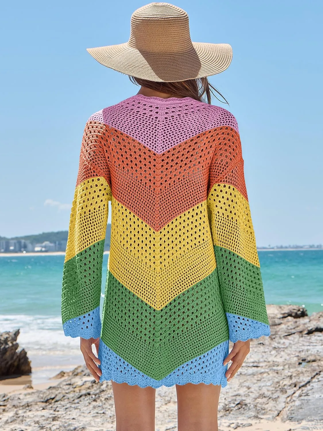 ANRABESS Women Swimsuit Crochet Swim Cover Up Summer Bathing Suit Swimwear V Neck Mesh Knit Beach Dress 2025 Vacation Outfits