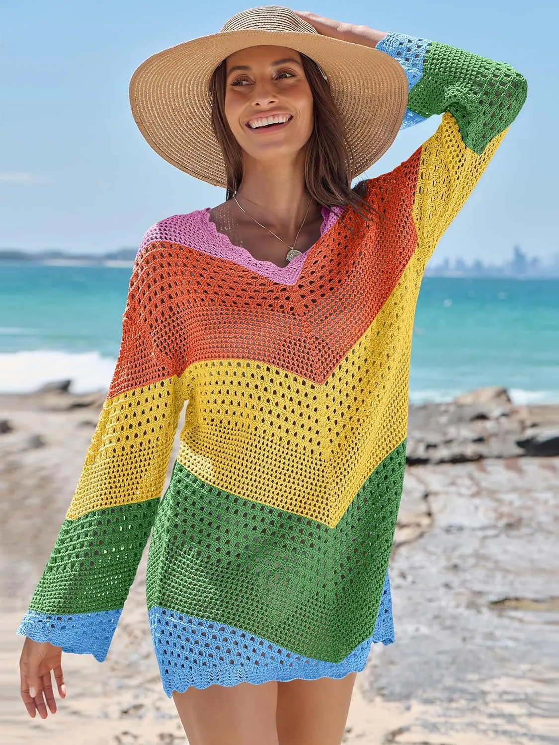 ANRABESS Women Swimsuit Crochet Swim Cover Up Summer Bathing Suit Swimwear V Neck Mesh Knit Beach Dress 2025 Vacation Outfits