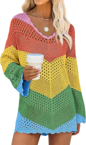 ANRABESS Women Swimsuit Crochet Swim Cover Up Summer Bathing Suit Swimwear V Neck Mesh Knit Beach Dress 2025 Vacation Outfits