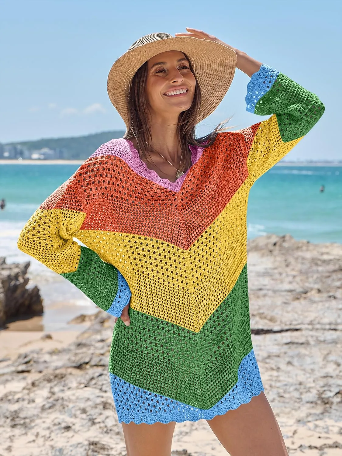 ANRABESS Women Swimsuit Crochet Swim Cover Up Summer Bathing Suit Swimwear V Neck Mesh Knit Beach Dress 2025 Vacation Outfits