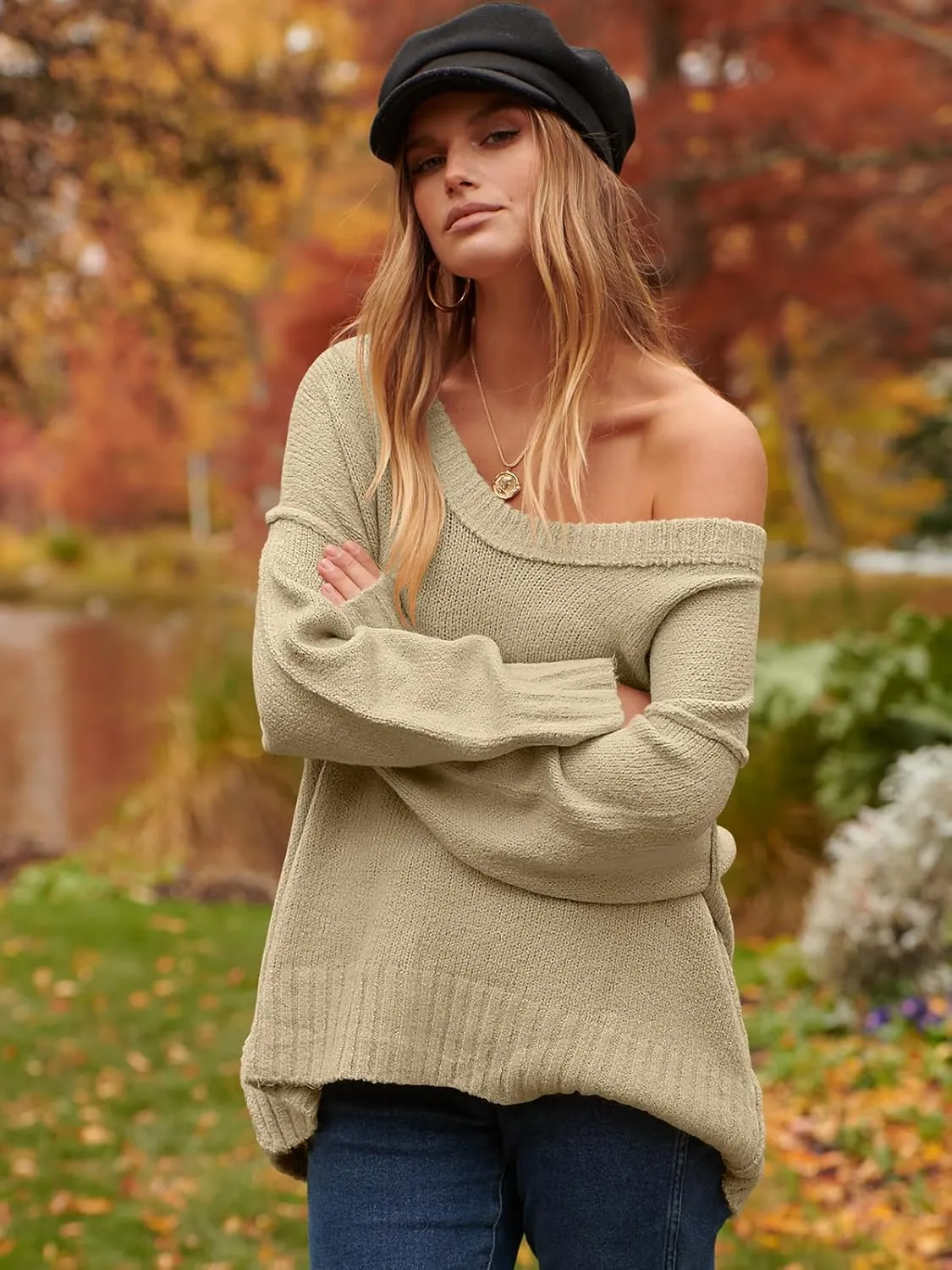 ANRABESS Women's Oversized Casual Loose Slouchy Scoop V Neck Batwing Long Sleeve Knit 2025 Fall Pullover Sweaters