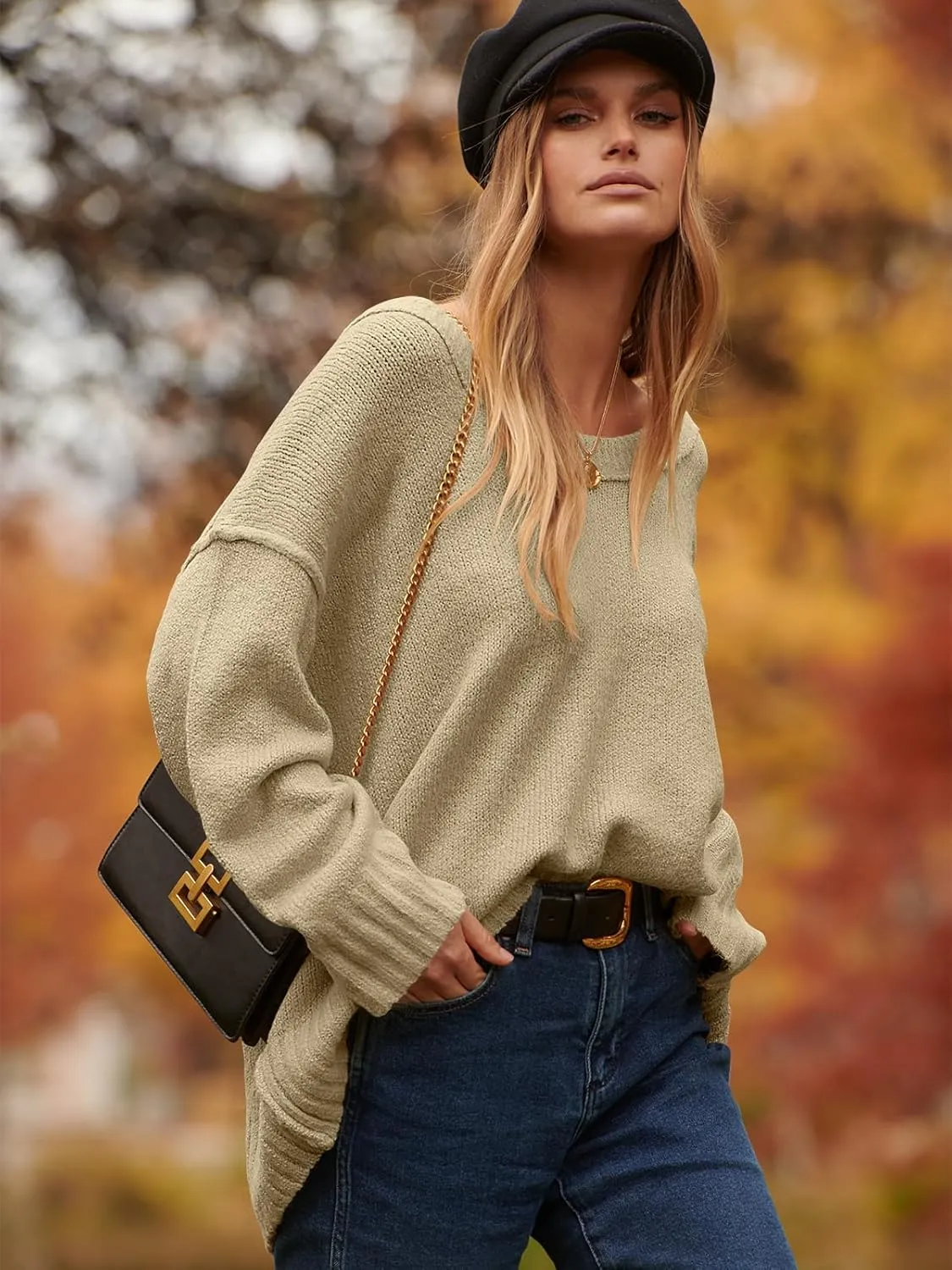 ANRABESS Women's Oversized Casual Loose Slouchy Scoop V Neck Batwing Long Sleeve Knit 2025 Fall Pullover Sweaters