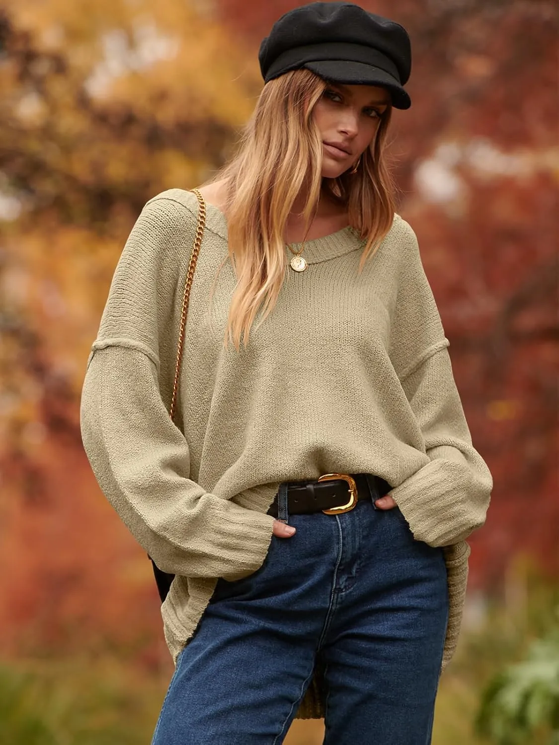ANRABESS Women's Oversized Casual Loose Slouchy Scoop V Neck Batwing Long Sleeve Knit 2025 Fall Pullover Sweaters