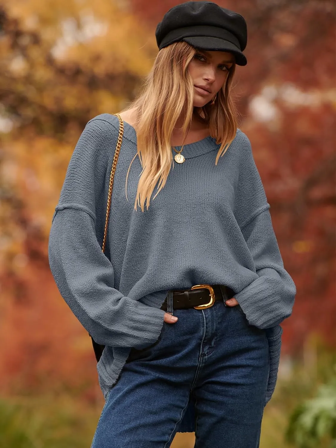 ANRABESS Women's Oversized Casual Loose Slouchy Scoop V Neck Batwing Long Sleeve Knit 2025 Fall Pullover Sweaters