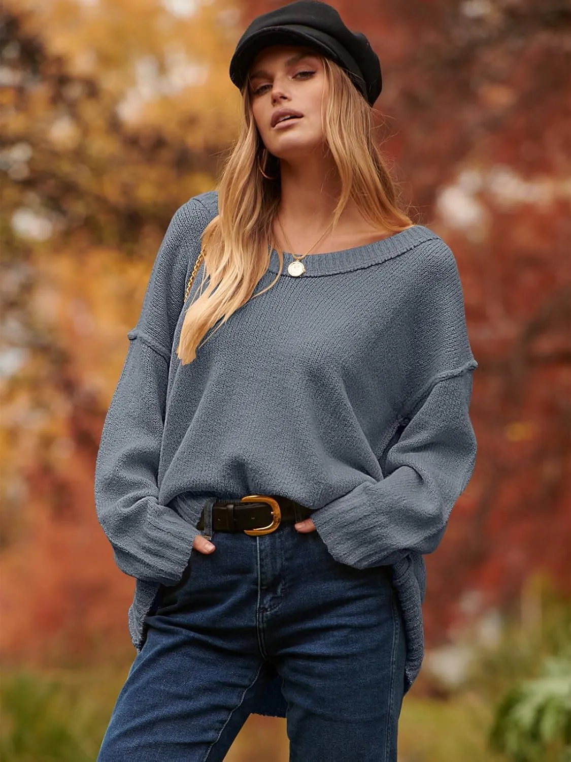 ANRABESS Women's Oversized Casual Loose Slouchy Scoop V Neck Batwing Long Sleeve Knit 2025 Fall Pullover Sweaters