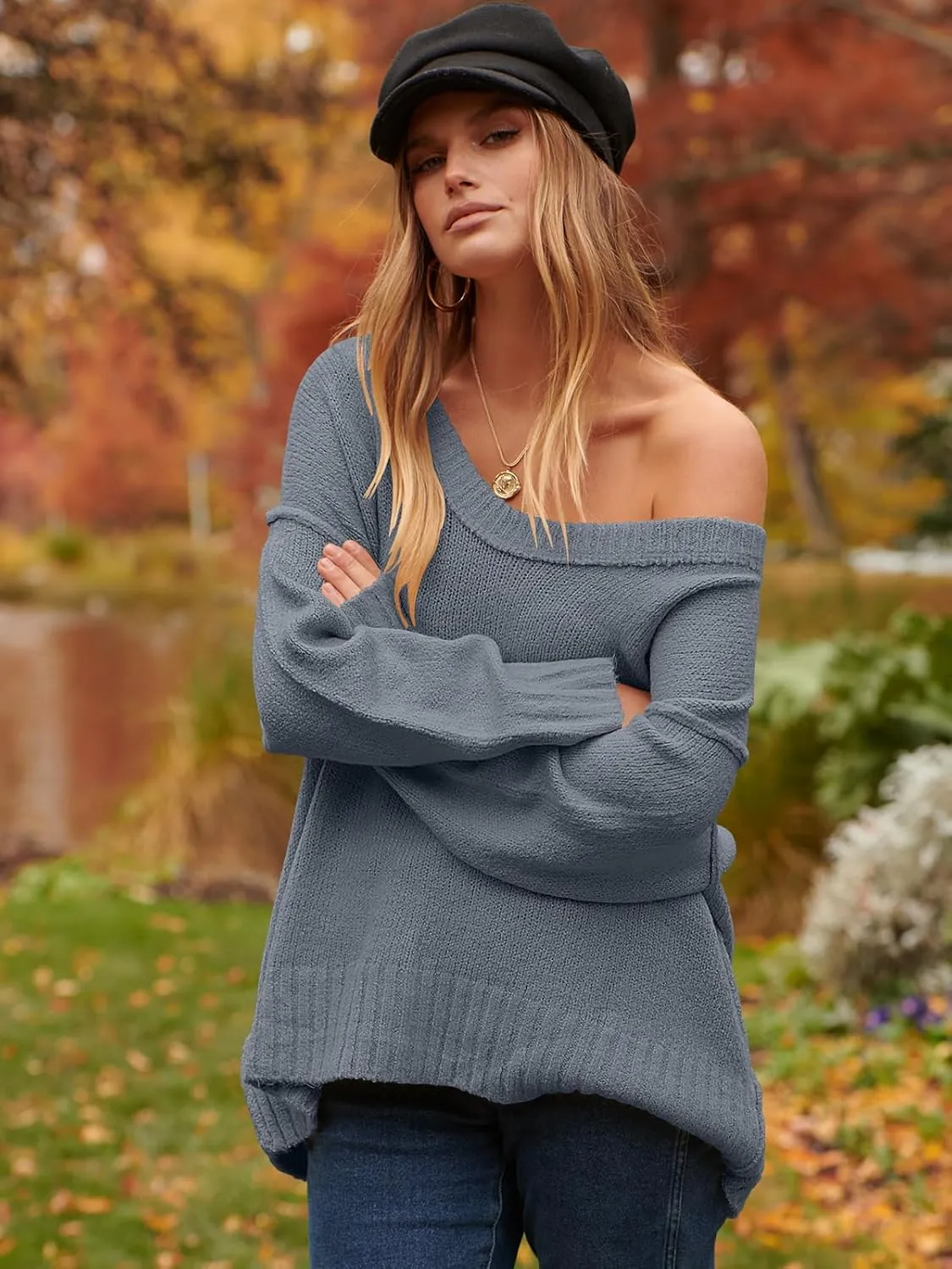 ANRABESS Women's Oversized Casual Loose Slouchy Scoop V Neck Batwing Long Sleeve Knit 2025 Fall Pullover Sweaters