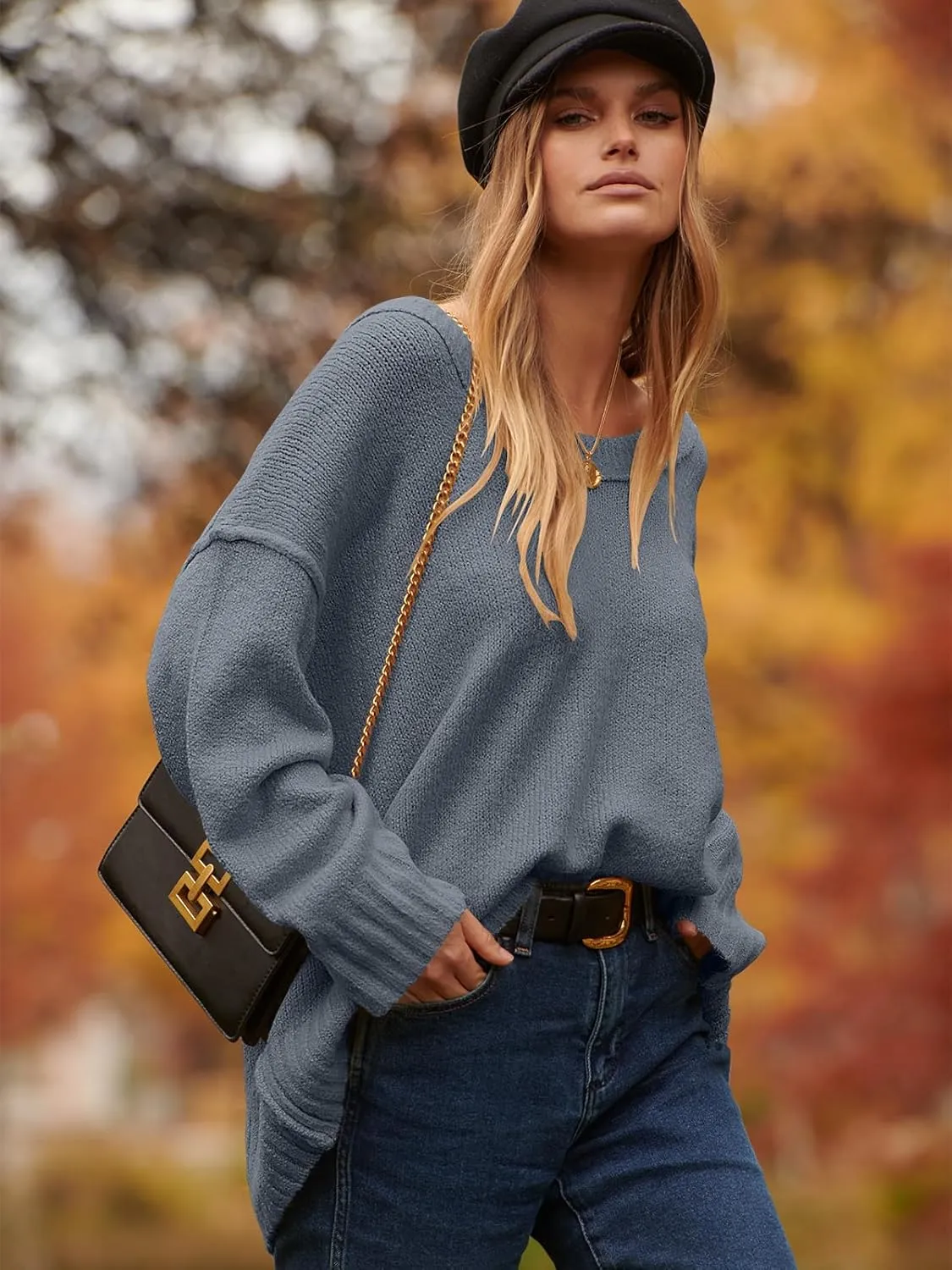 ANRABESS Women's Oversized Casual Loose Slouchy Scoop V Neck Batwing Long Sleeve Knit 2025 Fall Pullover Sweaters