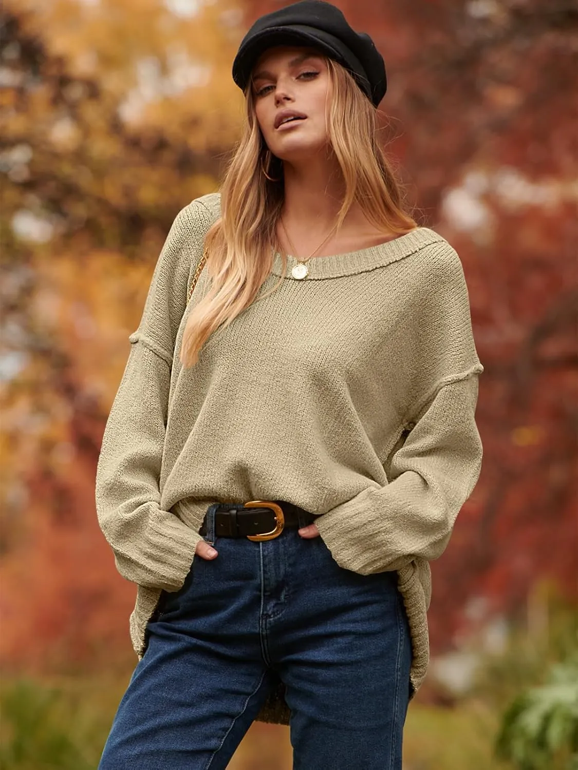 ANRABESS Women's Oversized Casual Loose Slouchy Scoop V Neck Batwing Long Sleeve Knit 2025 Fall Pullover Sweaters