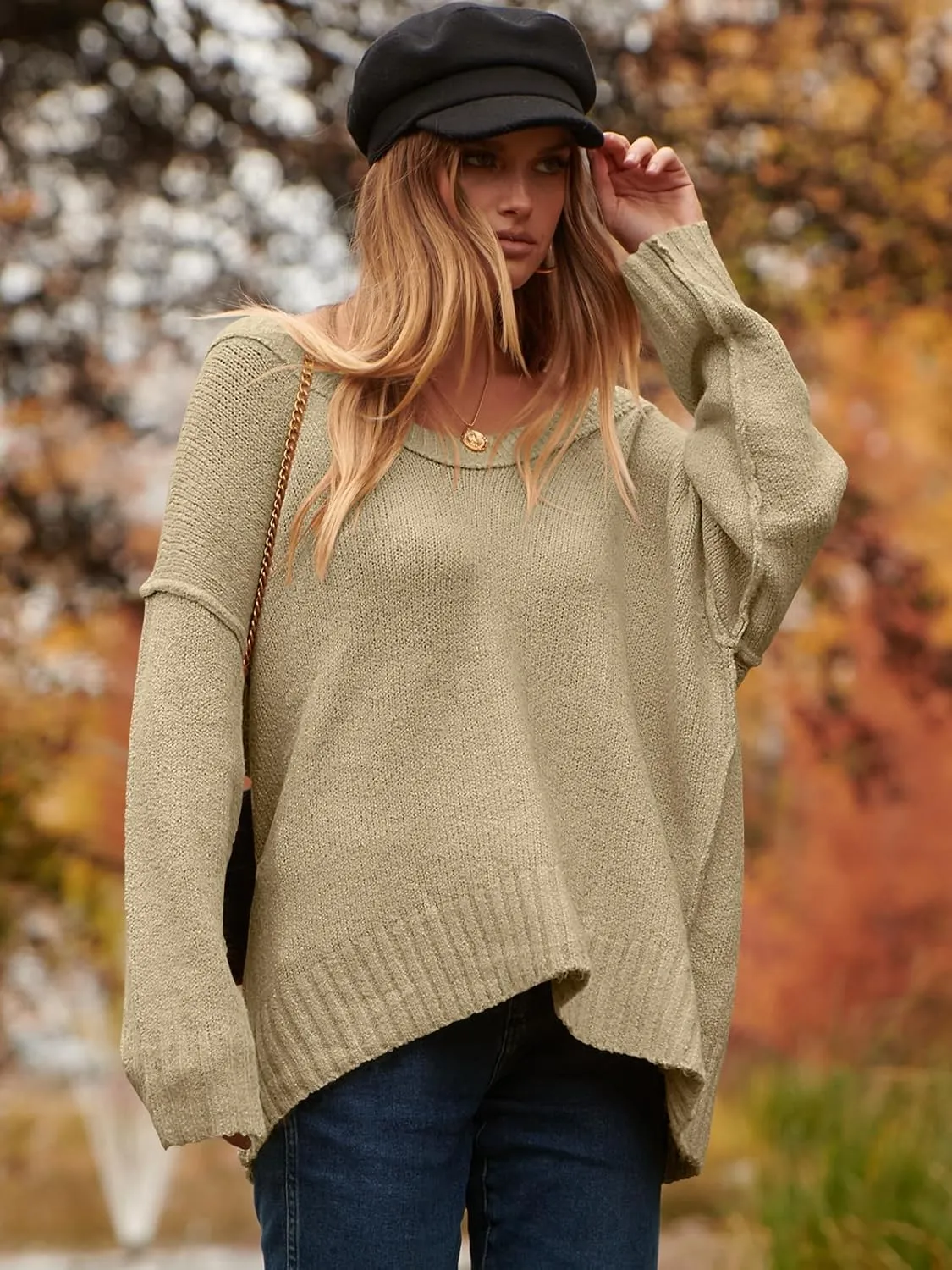 ANRABESS Women's Oversized Casual Loose Slouchy Scoop V Neck Batwing Long Sleeve Knit 2025 Fall Pullover Sweaters
