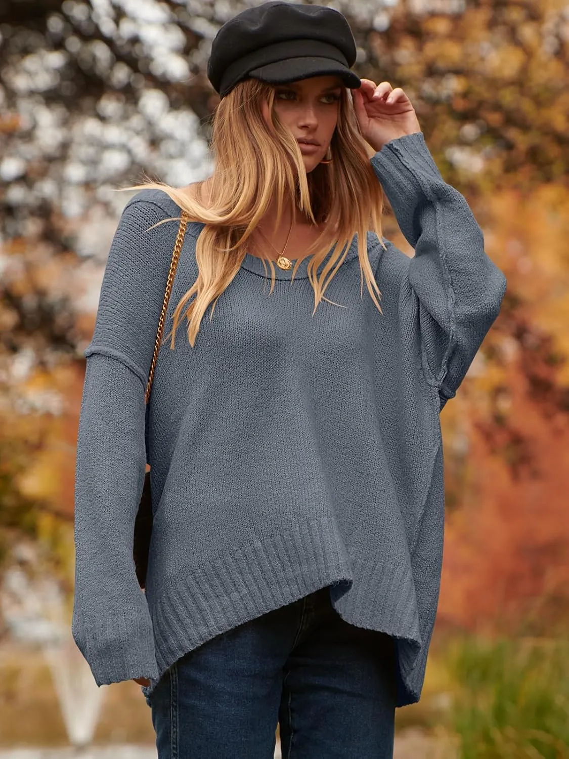 ANRABESS Women's Oversized Casual Loose Slouchy Scoop V Neck Batwing Long Sleeve Knit 2025 Fall Pullover Sweaters
