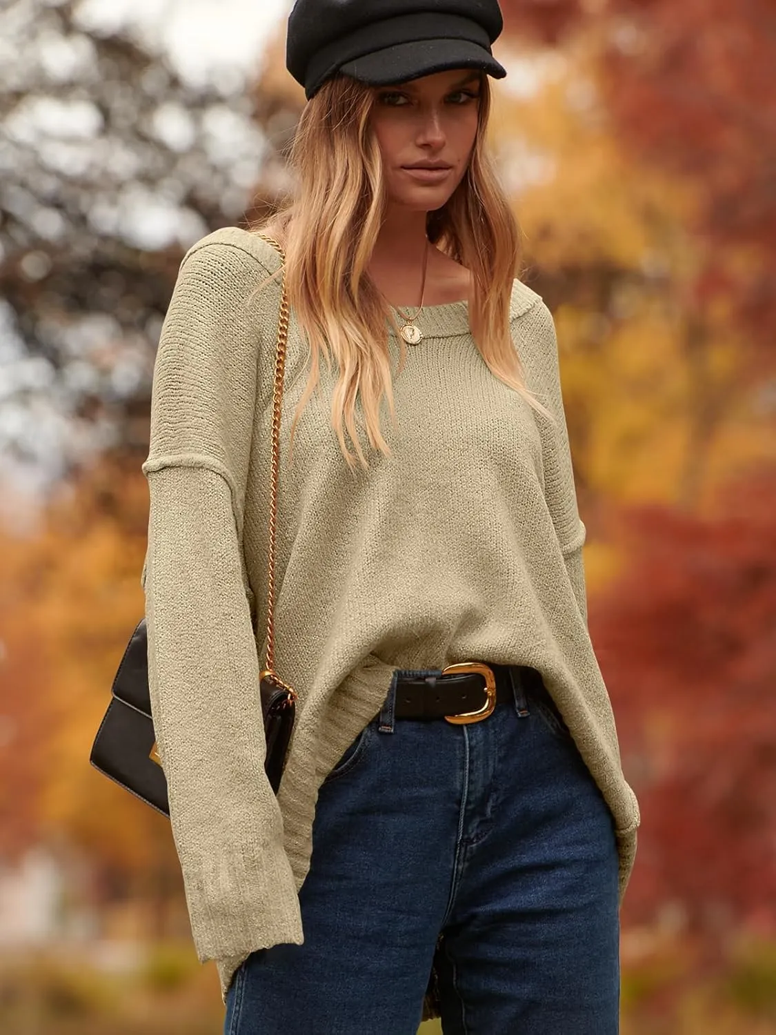 ANRABESS Women's Oversized Casual Loose Slouchy Scoop V Neck Batwing Long Sleeve Knit 2025 Fall Pullover Sweaters
