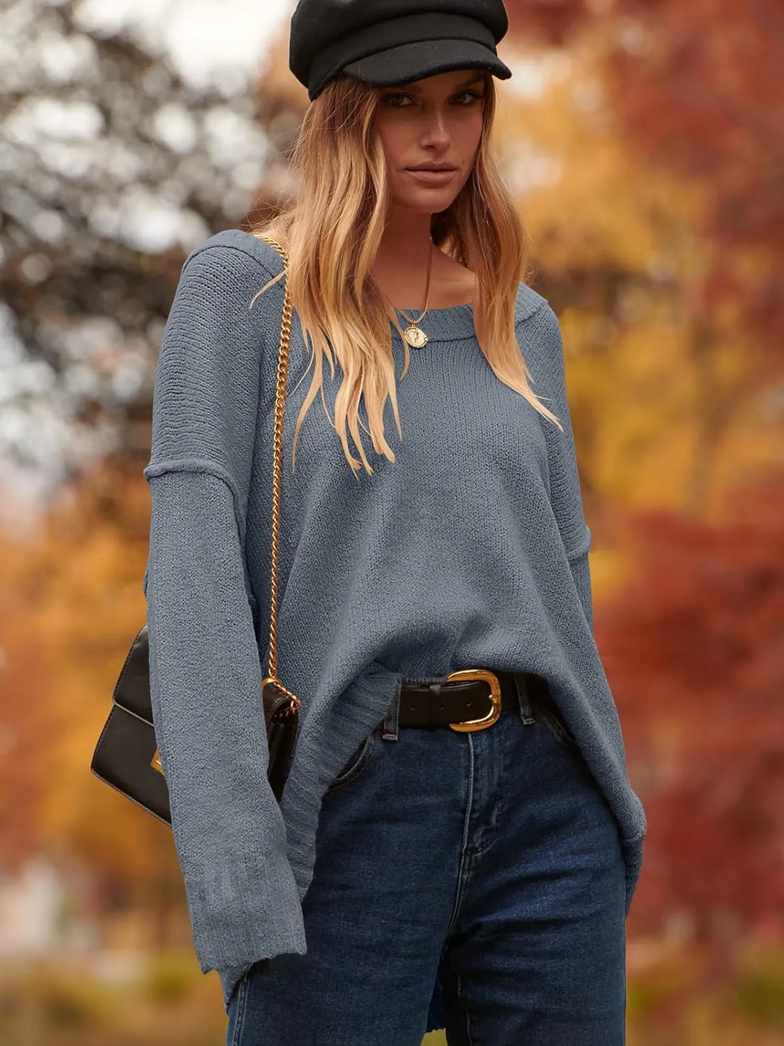 ANRABESS Women's Oversized Casual Loose Slouchy Scoop V Neck Batwing Long Sleeve Knit 2025 Fall Pullover Sweaters