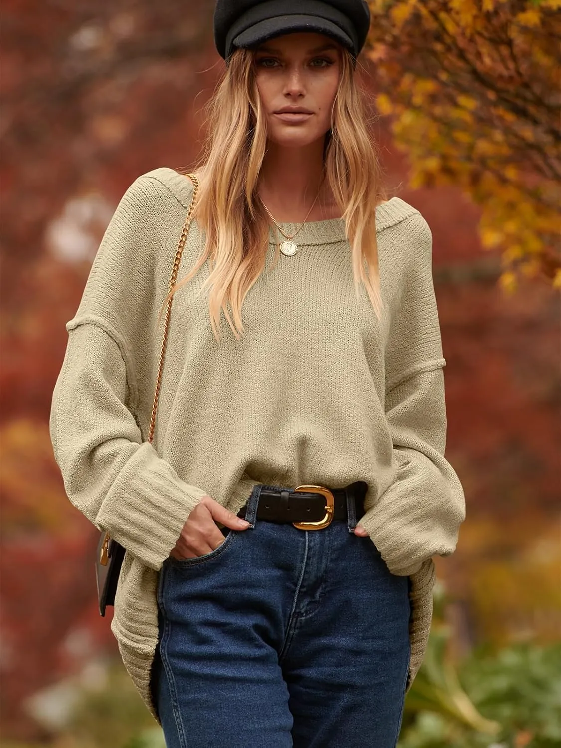 ANRABESS Women's Oversized Casual Loose Slouchy Scoop V Neck Batwing Long Sleeve Knit 2025 Fall Pullover Sweaters