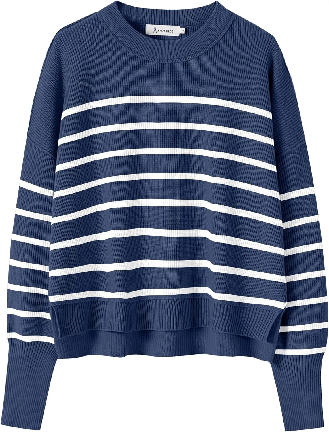 ANRABESS Womens Oversized Crewneck Cropped Sweaters Long Batwing Sleeve Side Slit Ribbed Knit Pullover Tops 2024 Fall Trendy
