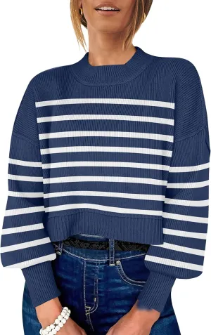 ANRABESS Womens Oversized Crewneck Cropped Sweaters Long Batwing Sleeve Side Slit Ribbed Knit Pullover Tops 2024 Fall Trendy