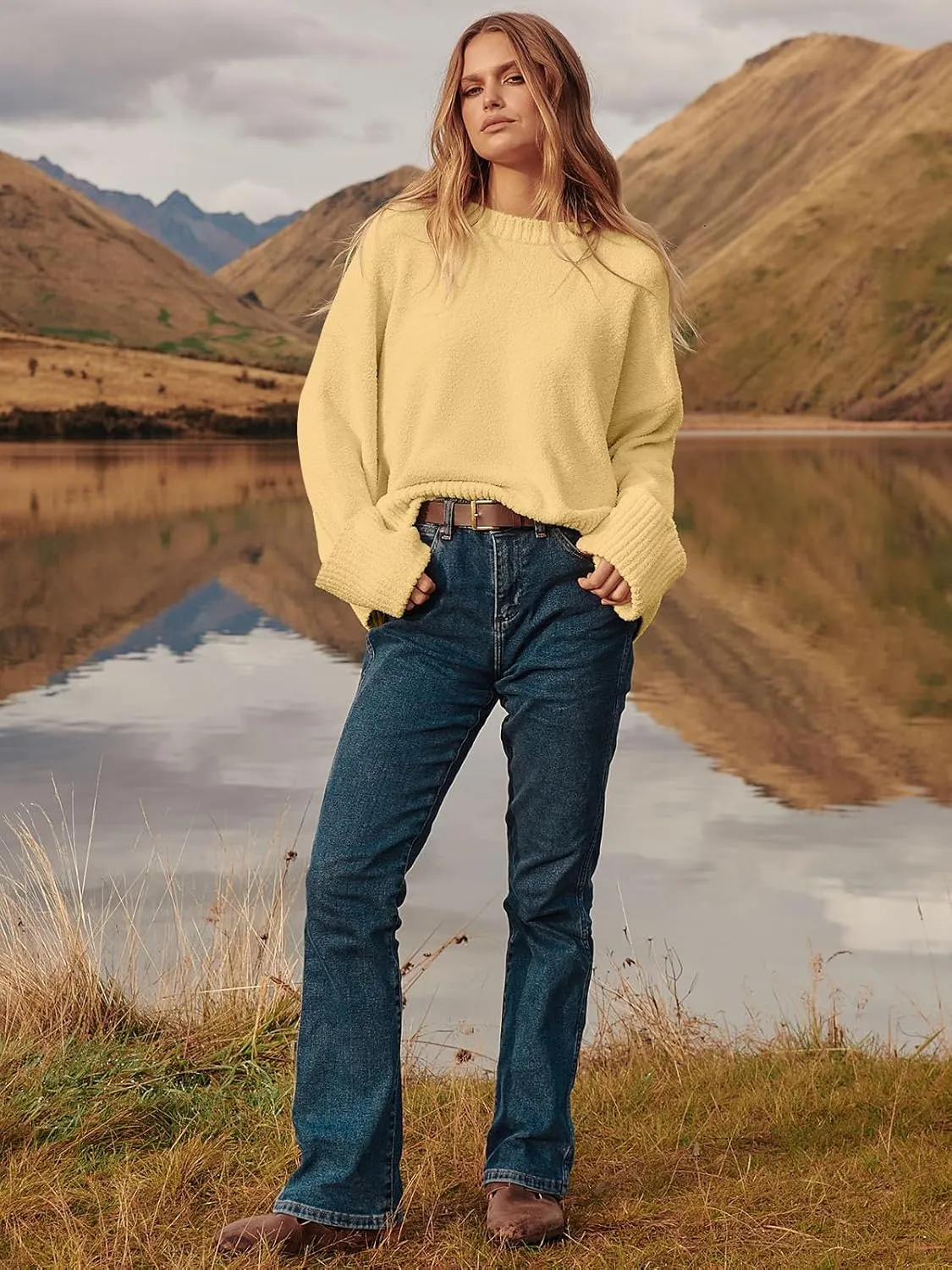 ANRABESS Women's Oversized Crewneck Long Sleeve Fuzzy Knit Casual Chunky Warm 2025 Fall Pullover Sweaters Top Trendy Outfits