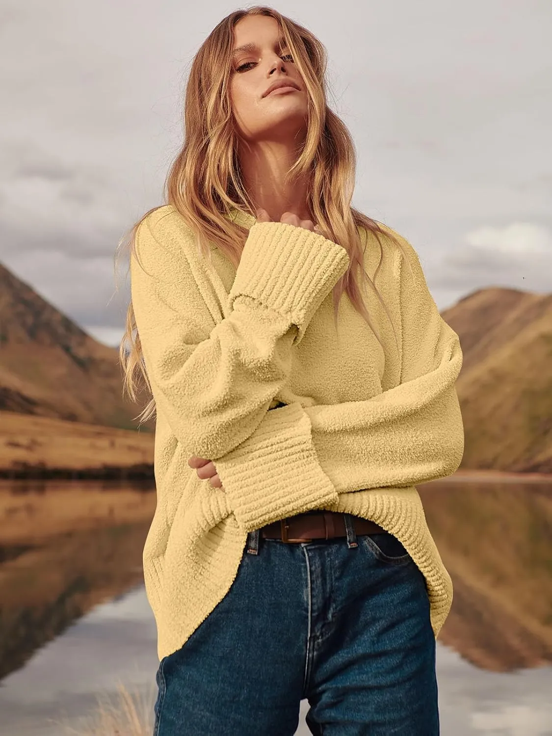 ANRABESS Women's Oversized Crewneck Long Sleeve Fuzzy Knit Casual Chunky Warm 2025 Fall Pullover Sweaters Top Trendy Outfits