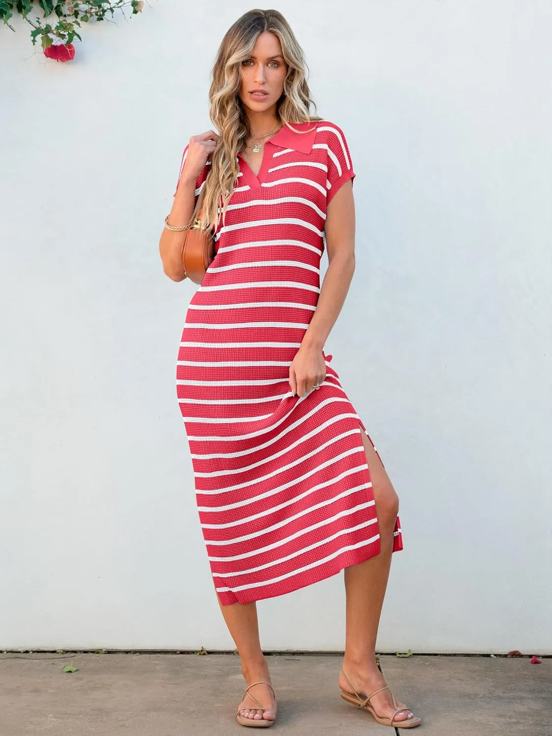 ANRABESS Women's Summer Striped Midi Dress 2025 Casual Short Sleeve V Neck Loose Knitted Side Slit Long Beach Dresses