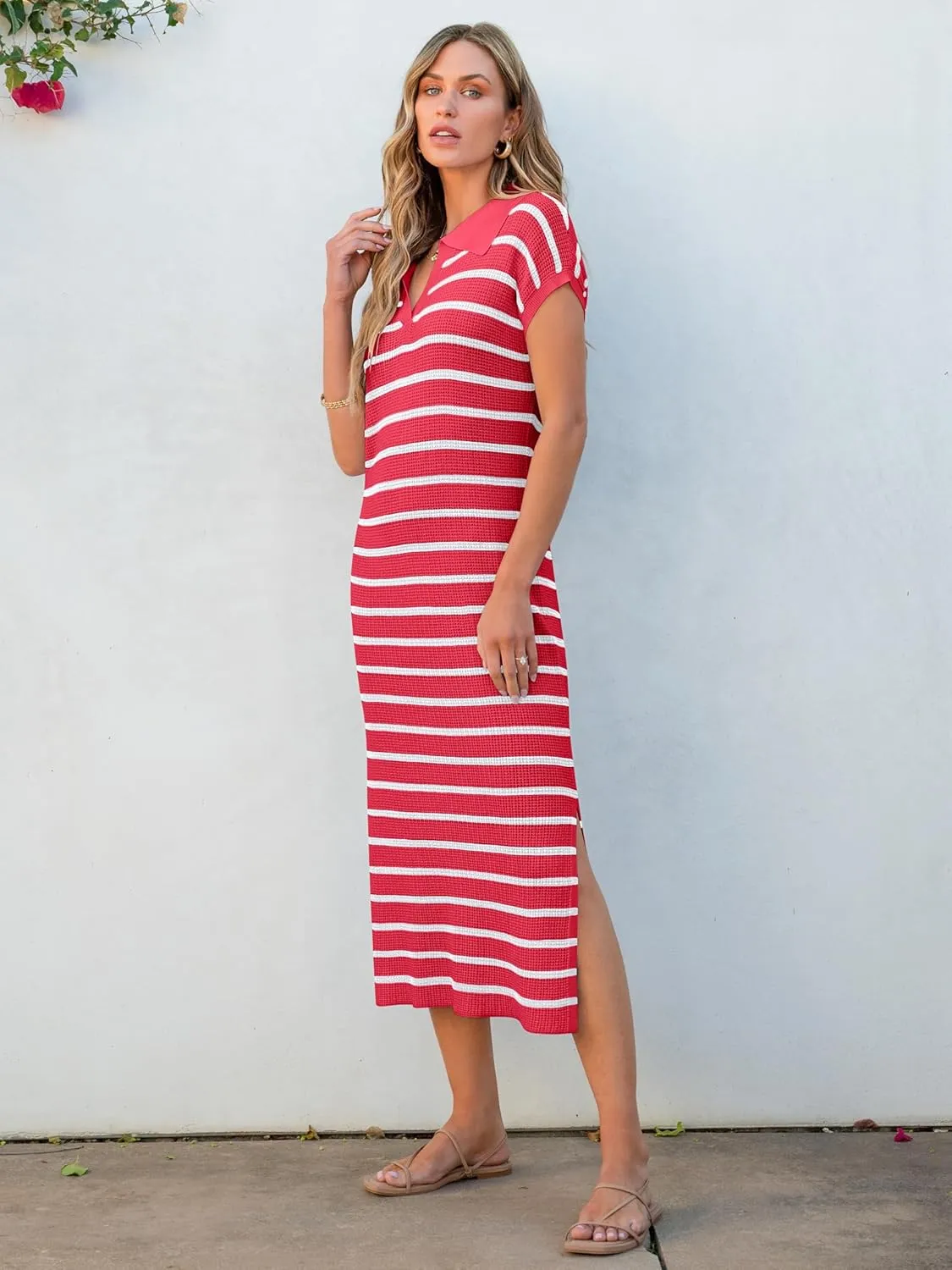 ANRABESS Women's Summer Striped Midi Dress 2025 Casual Short Sleeve V Neck Loose Knitted Side Slit Long Beach Dresses