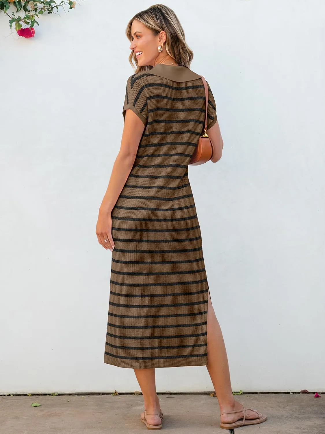 ANRABESS Women's Summer Striped Midi Dress 2025 Casual Short Sleeve V Neck Loose Knitted Side Slit Long Beach Dresses