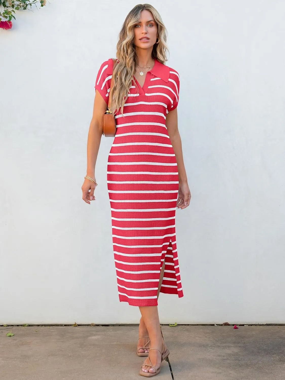 ANRABESS Women's Summer Striped Midi Dress 2025 Casual Short Sleeve V Neck Loose Knitted Side Slit Long Beach Dresses