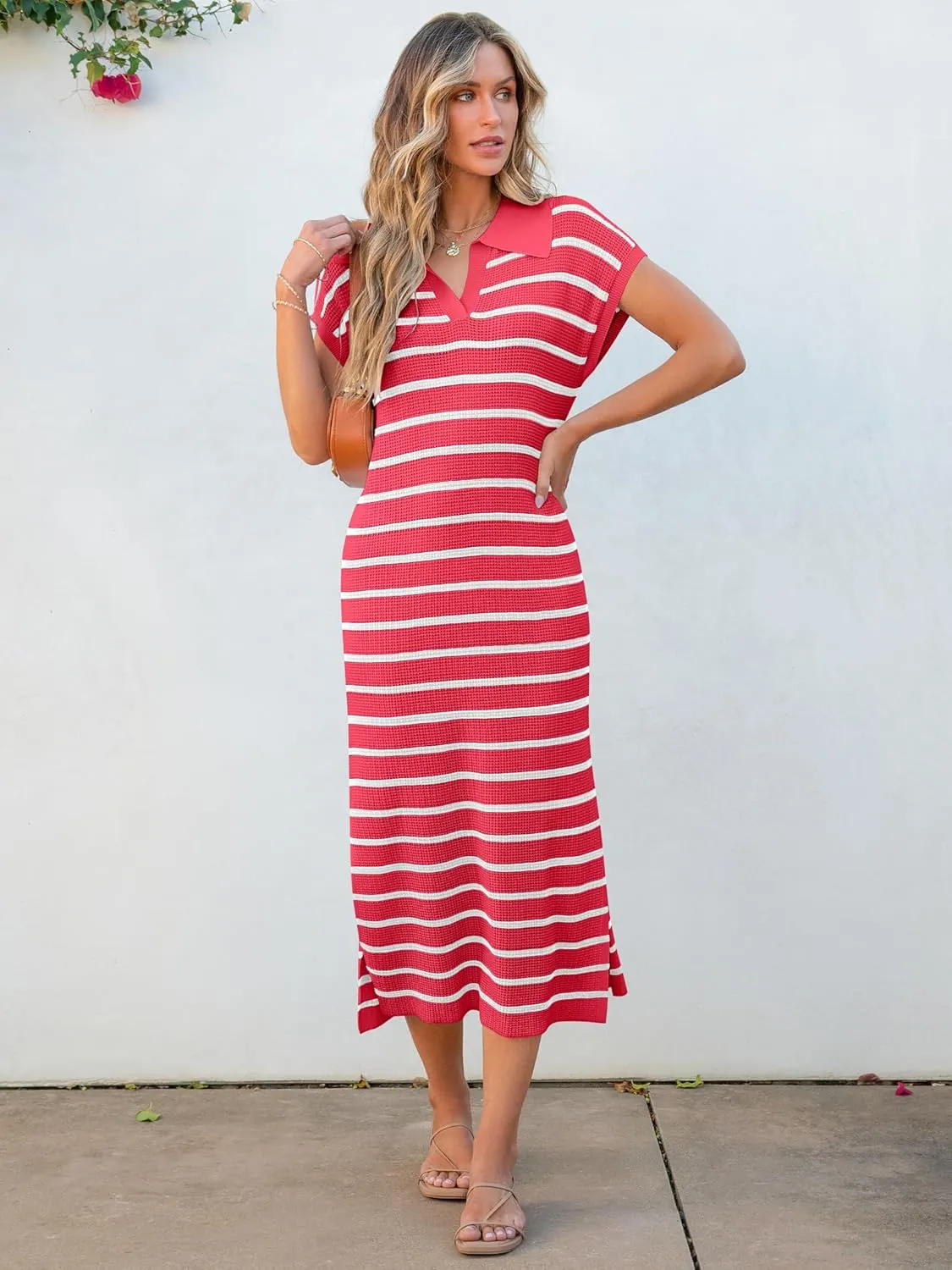 ANRABESS Women's Summer Striped Midi Dress 2025 Casual Short Sleeve V Neck Loose Knitted Side Slit Long Beach Dresses