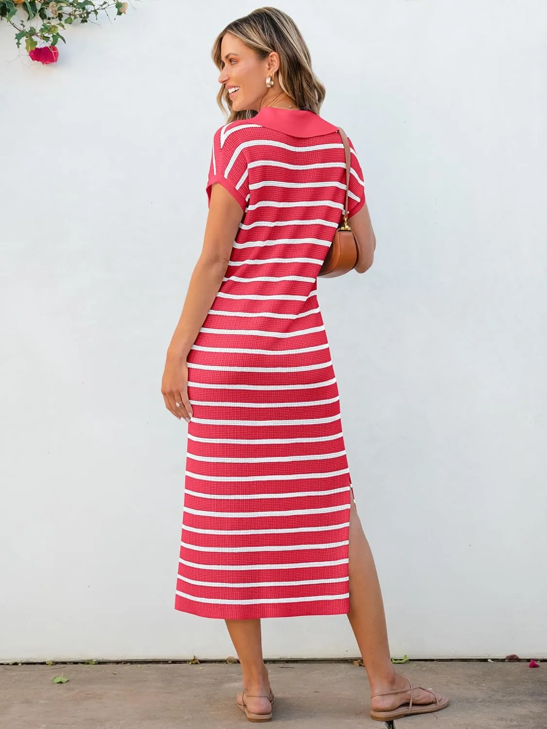ANRABESS Women's Summer Striped Midi Dress 2025 Casual Short Sleeve V Neck Loose Knitted Side Slit Long Beach Dresses