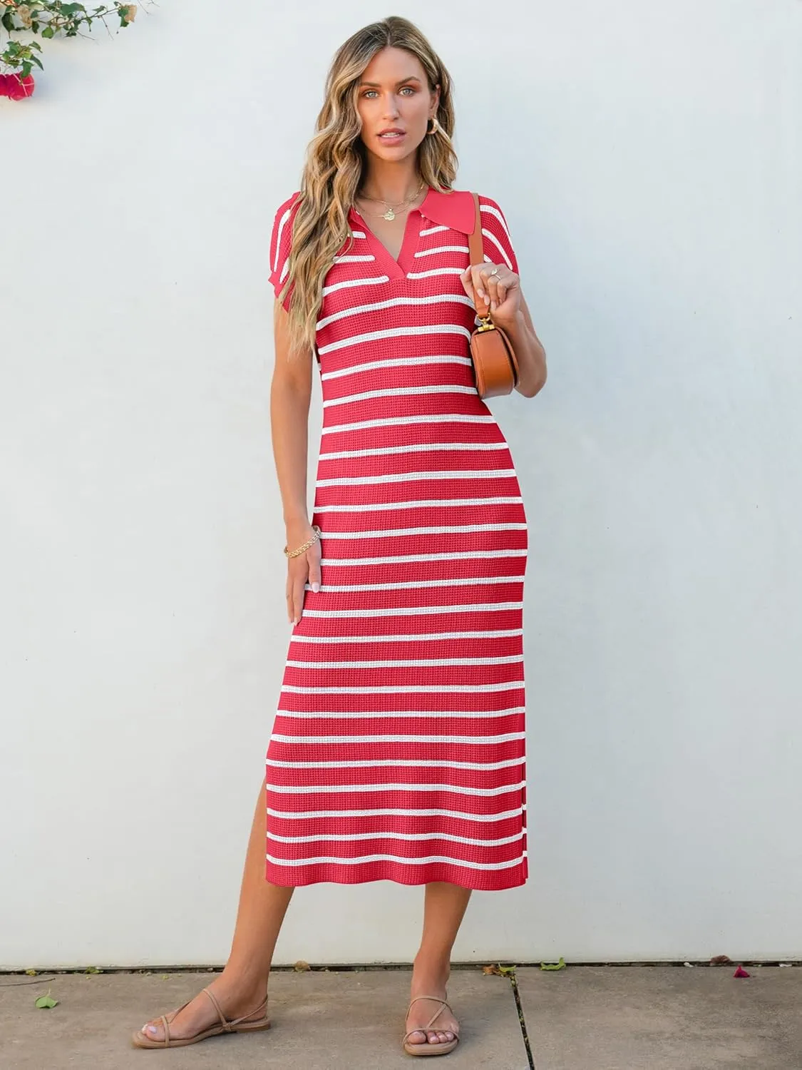 ANRABESS Women's Summer Striped Midi Dress 2025 Casual Short Sleeve V Neck Loose Knitted Side Slit Long Beach Dresses