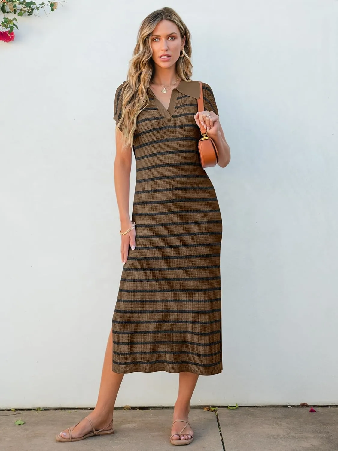 ANRABESS Women's Summer Striped Midi Dress 2025 Casual Short Sleeve V Neck Loose Knitted Side Slit Long Beach Dresses