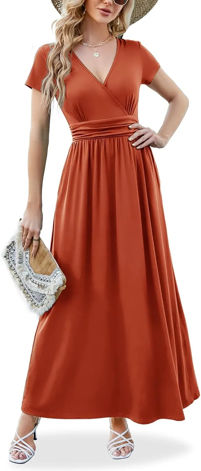 ANRILITA Maxi Dress for Women Wrap V Neck Short Sleeve Empire Pleated Waist Summer Casual Elegant Long Dresses with Pockets