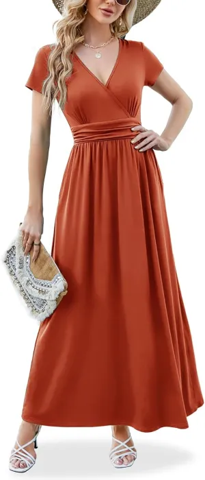 ANRILITA Maxi Dress for Women Wrap V Neck Short Sleeve Empire Pleated Waist Summer Casual Elegant Long Dresses with Pockets