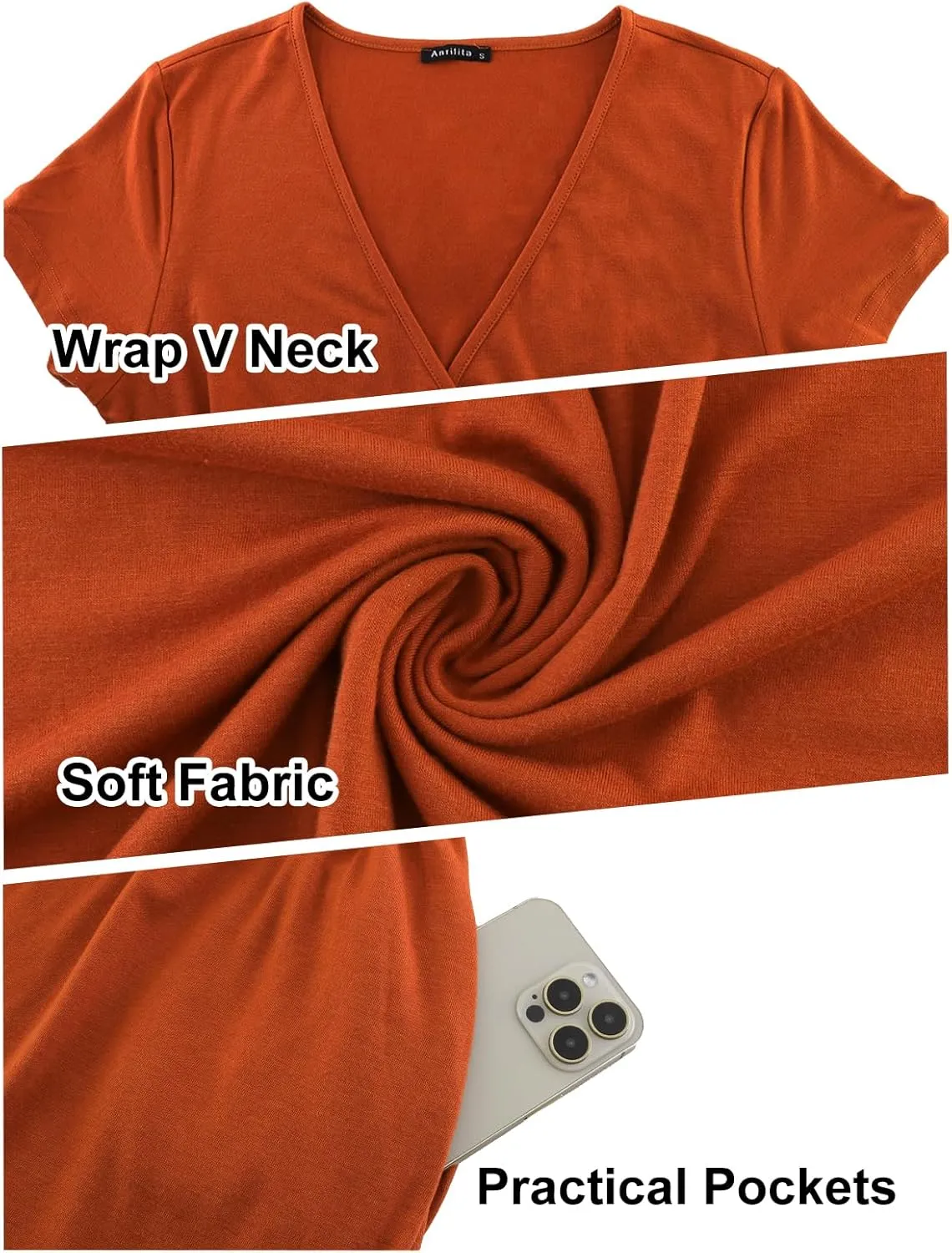 ANRILITA Maxi Dress for Women Wrap V Neck Short Sleeve Empire Pleated Waist Summer Casual Elegant Long Dresses with Pockets