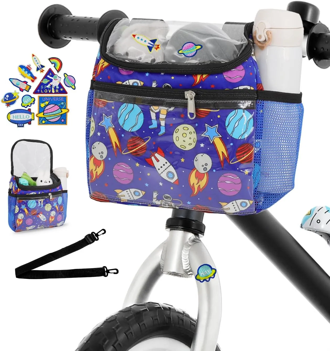 ANZOME Kids Bike Basket with Shoulder Strap, Bicycle Basket with 10 Stickers, Waterproof Front Handlebar Bag, Kids Bike Accessories Gift for Girls Boys, Fits Most Bicycles, Scooter, Tricycle