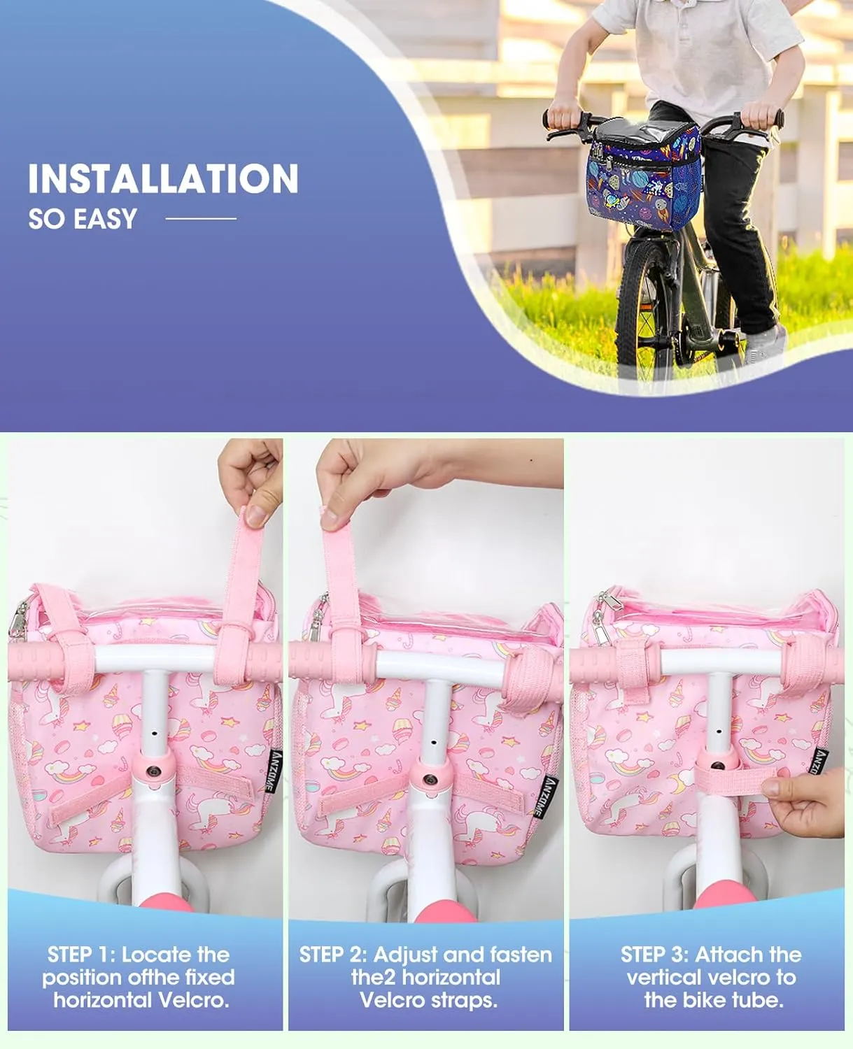 ANZOME Kids Bike Basket with Shoulder Strap, Bicycle Basket with 10 Stickers, Waterproof Front Handlebar Bag, Kids Bike Accessories Gift for Girls Boys, Fits Most Bicycles, Scooter, Tricycle